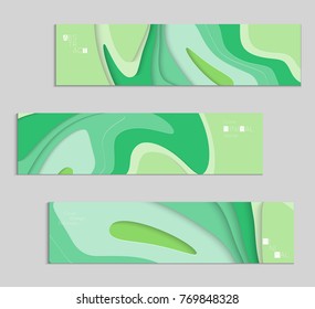Abstract banner template with 3D paper cut art. Vector  paper cut layers create topography map concept or smooth origami paper carving craft. Wavy layered material design paper art poster.