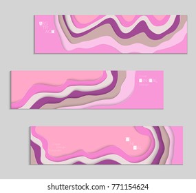 Abstract banner template with 3D paper cut art. Vector  paper cut layers create topography map concept or smooth origami paper carving craft. Wavy layered material design paper art poster.