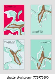 Abstract banner template with 3D paper cut art. Vector  paper cut layers create topography map concept or smooth origami paper carving craft. Wavy layered material design paper art poster.