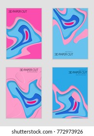 Abstract banner template with 3D paper cut art. Vector  paper cut layers create topography map concept or smooth origami paper carving craft. Wavy layered material design paper art poster.