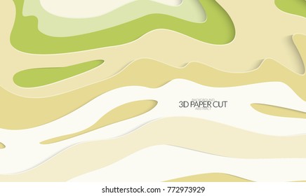 Abstract banner template with 3D paper cut art. Vector  paper cut layers create topography map concept or smooth origami paper carving craft. Wavy layered material design paper art poster.