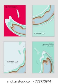 Abstract banner template with 3D paper cut art. Vector  paper cut layers create topography map concept or smooth origami paper carving craft. Wavy layered material design paper art poster.