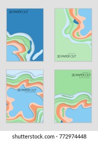 Abstract banner template with 3D paper cut art. Vector  paper cut layers create topography map concept or smooth origami paper carving craft. Wavy layered material design paper art poster.