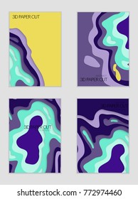 Abstract banner template with 3D paper cut art. Vector  paper cut layers create topography map concept or smooth origami paper carving craft. Wavy layered material design paper art poster.