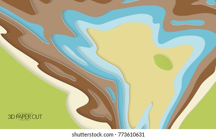 Abstract banner template with 3D paper cut art. Vector  paper cut layers create topography map concept or smooth origami paper carving craft. Wavy layered material design paper art poster.