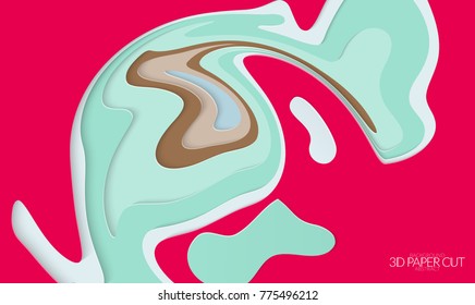 Abstract banner template with 3D paper cut art. Vector  paper cut layers create topography map concept or smooth origami paper carving craft. Wavy layered material design paper art poster.