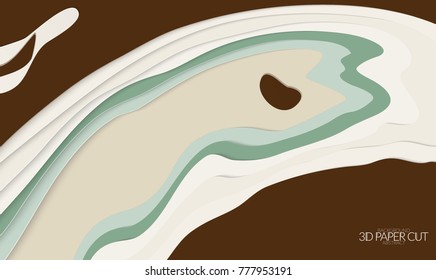 Abstract banner template with 3D paper cut art. Vector  paper cut layers create topography map concept or smooth origami paper carving craft. Wavy layered material design paper art poster.