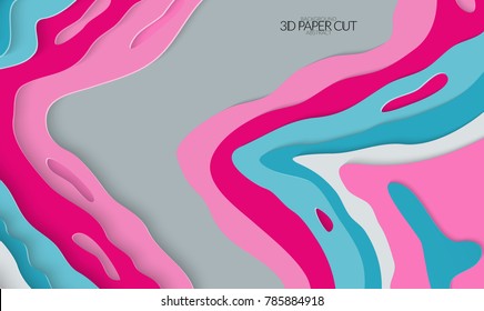 Abstract banner template with 3D paper cut art. Vector  paper cut layers create topography map concept or smooth origami paper carving craft. Wavy layered material design paper art poster.