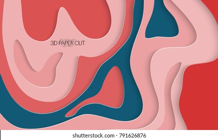 Abstract banner template with 3D paper cut art. Vector  paper cut layers create topography map concept or smooth origami paper carving craft. Wavy layered material design paper art poster.