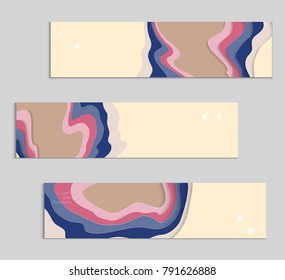 Abstract banner template with 3D paper cut art. Vector  paper cut layers create topography map concept or smooth origami paper carving craft. Wavy layered material design paper art poster.