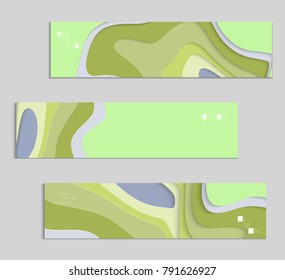 Abstract banner template with 3D paper cut art. Vector  paper cut layers create topography map concept or smooth origami paper carving craft. Wavy layered material design paper art poster.