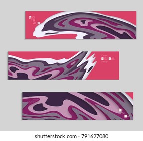 Abstract banner template with 3D paper cut art. Vector  paper cut layers create topography map concept or smooth origami paper carving craft. Wavy layered material design paper art poster.