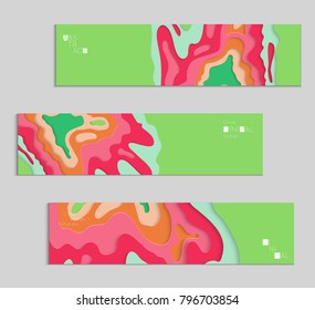 Abstract banner template with 3D paper cut art. Vector  paper cut layers create topography map concept or smooth origami paper carving craft. Wavy layered material design paper art poster.