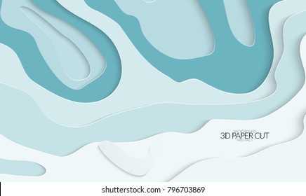 Abstract banner template with 3D paper cut art. Vector  paper cut layers create topography map concept or smooth origami paper carving craft. Wavy layered material design paper art poster.
