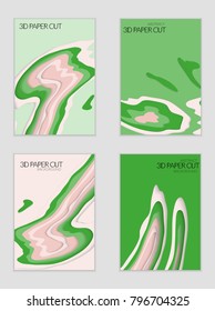 Abstract banner template with 3D paper cut art. Vector  paper cut layers create topography map concept or smooth origami paper carving craft. Wavy layered material design paper art poster.