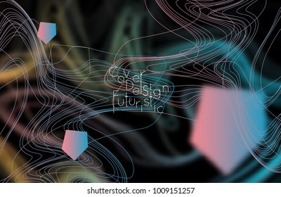 Abstract banner template with blurred curvy lines and geometric shapes. Poster with gradient neon colored  lines like tangled threads. Bright colorful shapes with marble texture.