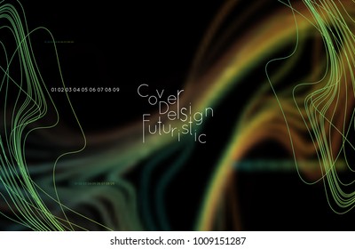 Abstract banner template with blurred curvy lines and geometric shapes. Poster with gradient neon colored  lines like tangled threads. Bright colorful shapes with marble texture.