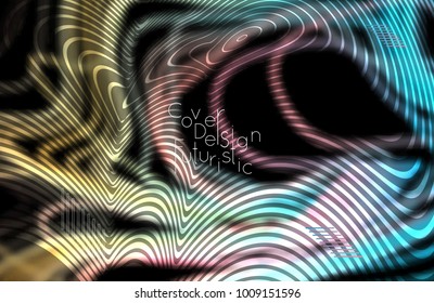 Abstract banner template with blurred curvy lines and geometric shapes. Poster with gradient neon colored  lines like tangled threads. Bright colorful shapes with marble texture.