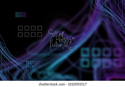 Abstract banner template with blurred curvy lines and geometric shapes. Poster with gradient neon colored  lines like tangled threads. Bright colorful shapes 