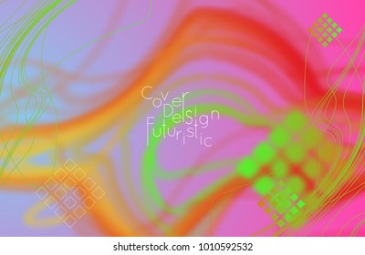 Abstract banner template with blurred curvy lines and geometric shapes. Poster with gradient neon colored  lines like tangled threads. Bright colorful shapes 