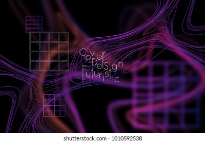 Abstract banner template with blurred curvy lines and geometric shapes. Poster with gradient neon colored  lines like tangled threads. Bright colorful shapes 