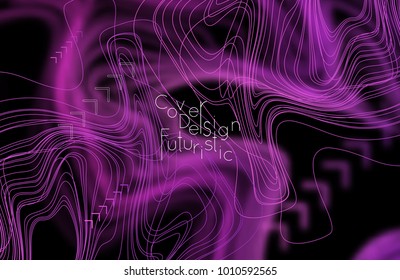 Abstract banner template with blurred curvy lines and geometric shapes. Poster with gradient neon colored  lines like tangled threads. Bright colorful shapes 
