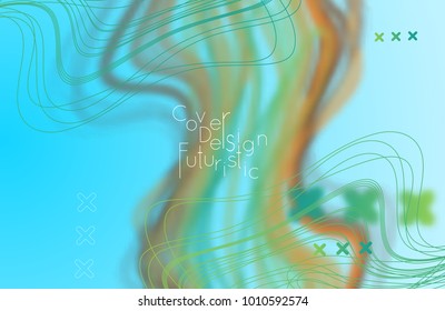 Abstract banner template with blurred curvy lines and geometric shapes. Poster with gradient neon colored  lines like tangled threads. Bright colorful shapes 