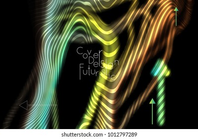 Abstract banner template with blurred curvy lines and geometric shapes. Poster with gradient neon colored  lines like tangled threads. Bright colorful shapes with marble texture.