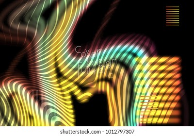 Abstract banner template with blurred curvy lines and geometric shapes. Poster with gradient neon colored  lines like tangled threads. Bright colorful shapes with marble texture.