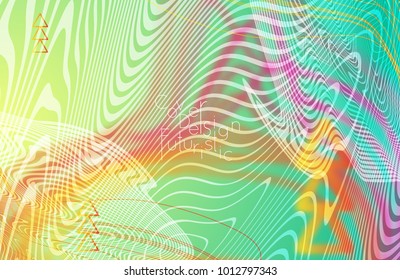 Abstract banner template with blurred curvy lines and geometric shapes. Poster with gradient neon colored  lines like tangled threads. Bright colorful shapes with marble texture.