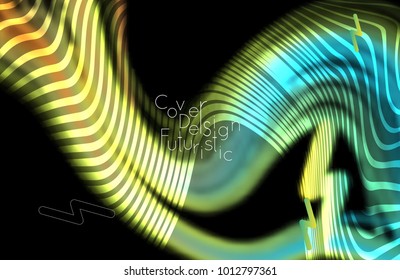 Abstract banner template with blurred curvy lines and geometric shapes. Poster with gradient neon colored  lines like tangled threads. Bright colorful shapes with marble texture.