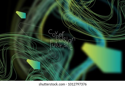 Abstract banner template with blurred curvy lines and geometric shapes. Poster with gradient neon colored  lines like tangled threads. Bright colorful shapes with marble texture.