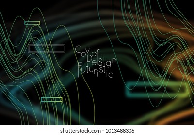 Abstract banner template with blurred curvy lines and geometric shapes. Poster with gradient neon colored  lines like tangled threads. Bright colorful shapes with marble texture.