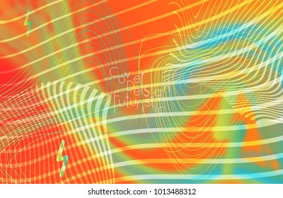 Abstract banner template with blurred curvy lines and geometric shapes. Poster with gradient neon colored  lines like tangled threads. Bright colorful shapes with marble texture.