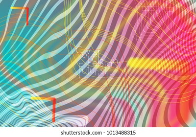 Abstract banner template with blurred curvy lines and geometric shapes. Poster with gradient neon colored  lines like tangled threads. Bright colorful shapes with marble texture.