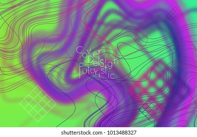 Abstract banner template with blurred curvy lines and geometric shapes. Poster with gradient neon colored  lines like tangled threads. Bright colorful shapes with marble texture.