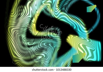 Abstract banner template with blurred curvy lines and geometric shapes. Poster with gradient neon colored  lines like tangled threads. Bright colorful shapes with marble texture.