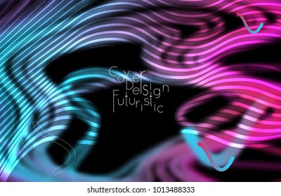 Abstract banner template with blurred curvy lines and geometric shapes. Poster with gradient neon colored  lines like tangled threads. Bright colorful shapes with marble texture.