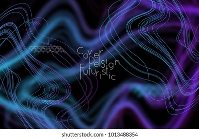 Abstract banner template with blurred curvy lines and geometric shapes. Poster with gradient neon colored  lines like tangled threads. Bright colorful shapes with marble texture.