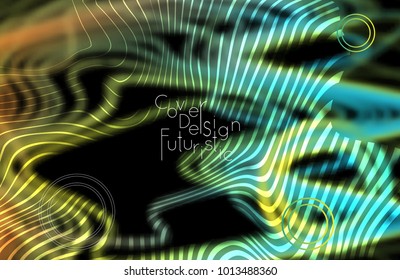 Abstract banner template with blurred curvy lines and geometric shapes. Poster with gradient neon colored  lines like tangled threads. Bright colorful shapes with marble texture.