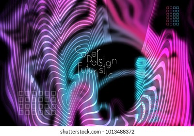 Abstract banner template with blurred curvy lines and geometric shapes. Poster with gradient neon colored  lines like tangled threads. Bright colorful shapes with marble texture.