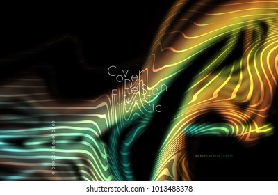 Abstract banner template with blurred curvy lines and geometric shapes. Poster with gradient neon colored  lines like tangled threads. Bright colorful shapes with marble texture.