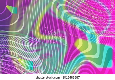 Abstract banner template with blurred curvy lines and geometric shapes. Poster with gradient neon colored  lines like tangled threads. Bright colorful shapes with marble texture.