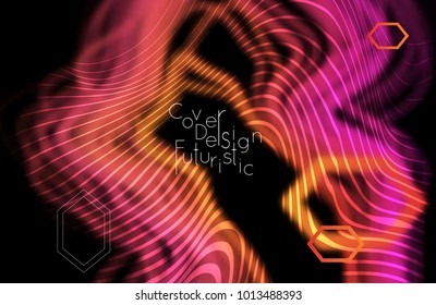 Abstract banner template with blurred curvy lines and geometric shapes. Poster with gradient neon colored  lines like tangled threads. Bright colorful shapes with marble texture.