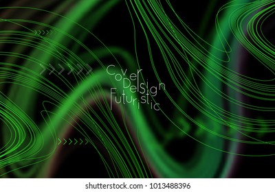Abstract banner template with blurred curvy lines and geometric shapes. Poster with gradient neon colored  lines like tangled threads. Bright colorful shapes with marble texture.
