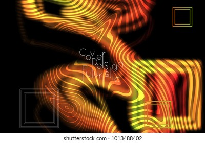 Abstract banner template with blurred curvy lines and geometric shapes. Poster with gradient neon colored  lines like tangled threads. Bright colorful shapes with marble texture.
