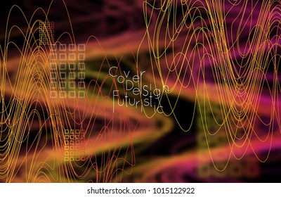 Abstract banner template with blurred curvy lines and geometric shapes. Poster with gradient neon colored  lines like tangled threads. Bright colorful shapes with marble texture.