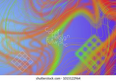 Abstract banner template with blurred curvy lines and geometric shapes. Poster with gradient neon colored  lines like tangled threads. Bright colorful shapes with marble texture.