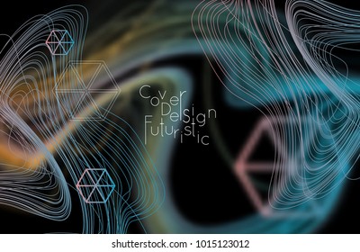 Abstract banner template with blurred curvy lines and geometric shapes. Poster with gradient neon colored  lines like tangled threads. Bright colorful shapes with marble texture.