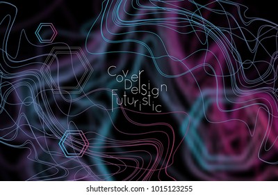 Abstract banner template with blurred curvy lines and geometric shapes. Poster with gradient neon colored  lines like tangled threads. Bright colorful shapes with marble texture.